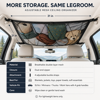🚙 Ceiling Cargo Net 31"x21" – Double-Layer SUV Roof Organizer for Road Trips