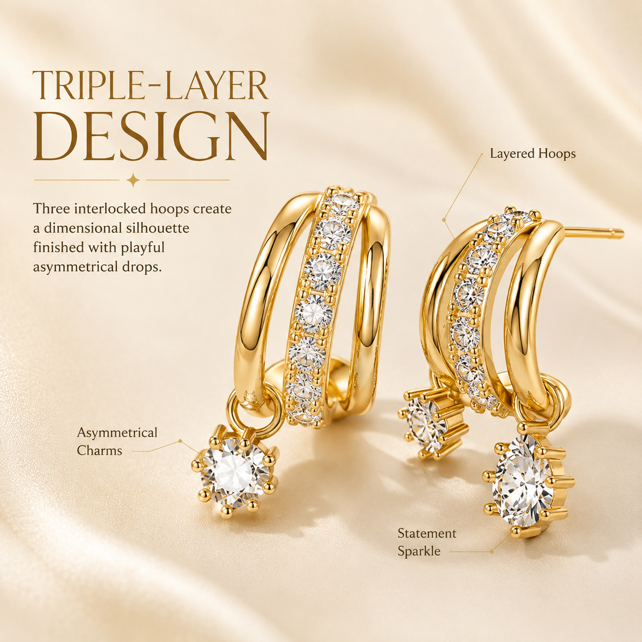 ✨Gold Plated Asymmetrical Earrings – 3-Tier Zircon Pendant Set for Women 💎