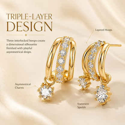 ✨Gold Plated Asymmetrical Earrings – 3-Tier Zircon Pendant Set for Women 💎