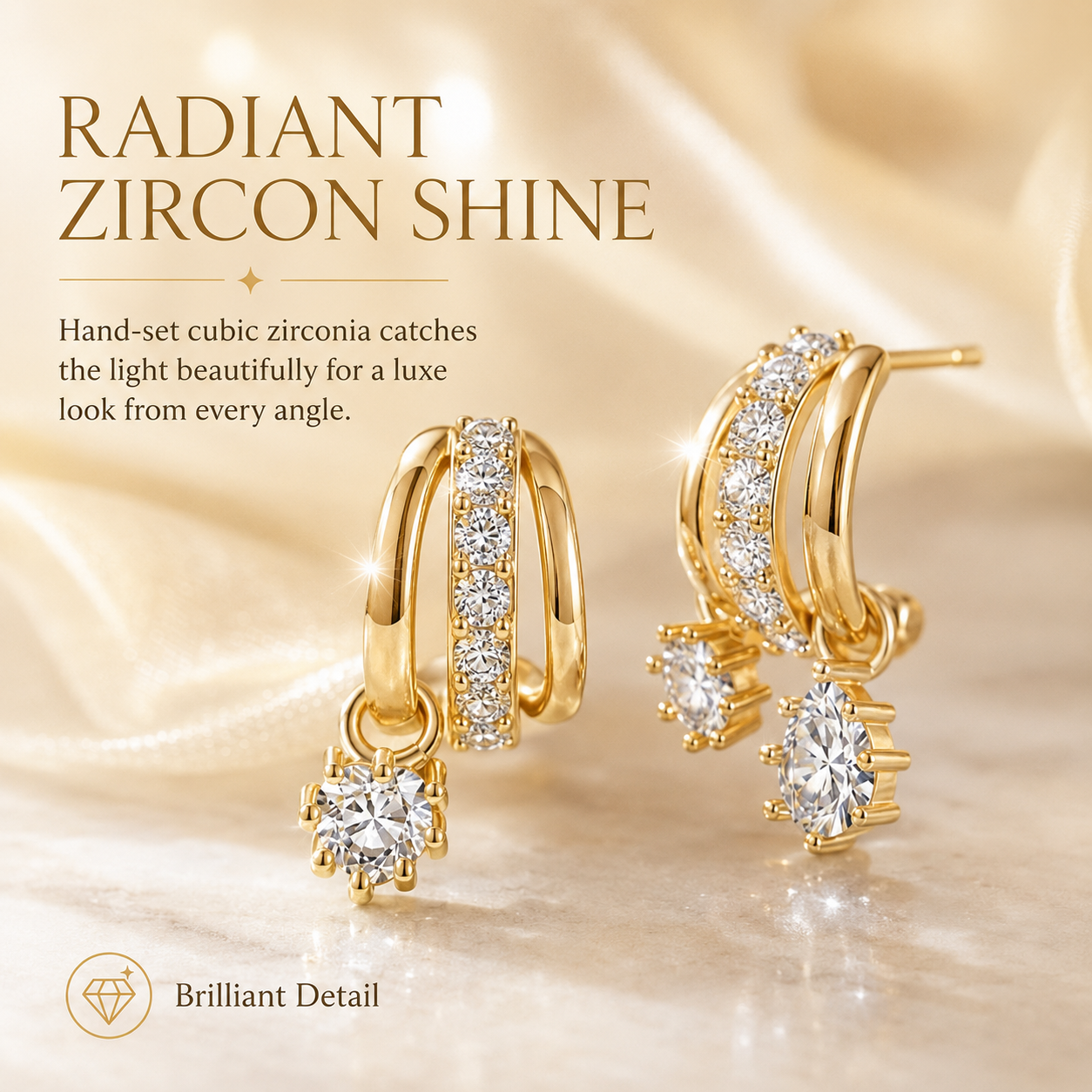 ✨Gold Plated Asymmetrical Earrings – 3-Tier Zircon Pendant Set for Women 💎