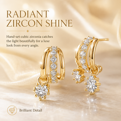 ✨Gold Plated Asymmetrical Earrings – 3-Tier Zircon Pendant Set for Women 💎