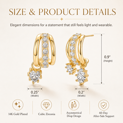 ✨Gold Plated Asymmetrical Earrings – 3-Tier Zircon Pendant Set for Women 💎