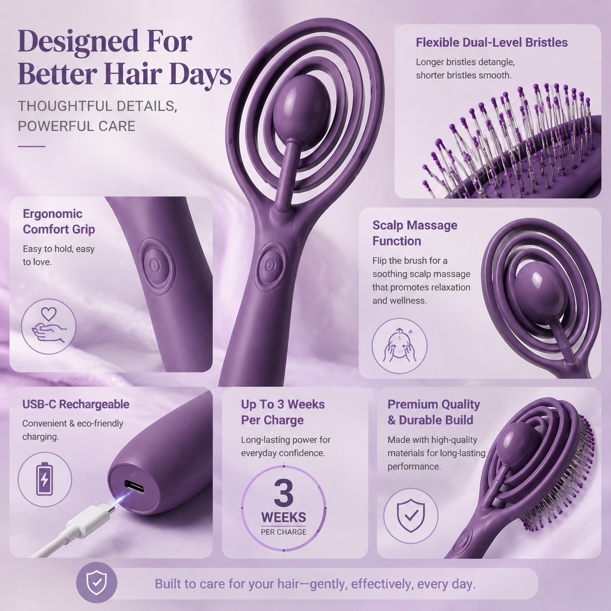 ✨ Powered Detangling Hair Brush & Scalp Massager