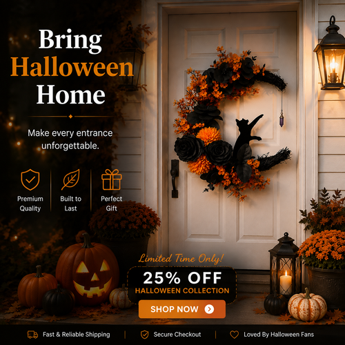 🐈‍⬛ Gothic Cat Halloween Wreath | Floral Door Decor
