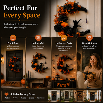 🐈‍⬛ Gothic Cat Halloween Wreath | Floral Door Decor