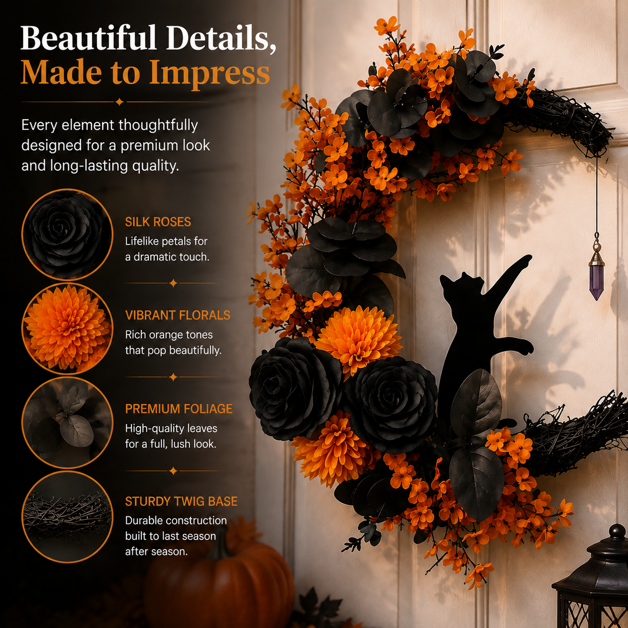 🐈‍⬛ Gothic Cat Halloween Wreath | Floral Door Decor