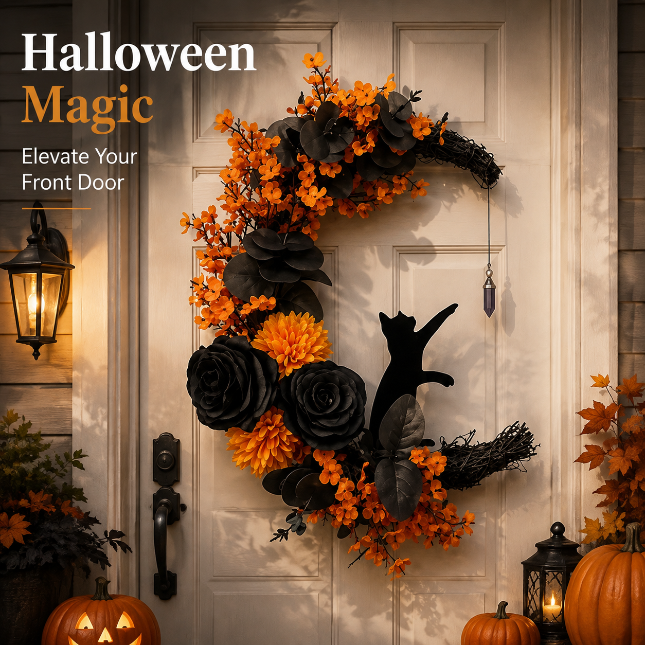 🐈‍⬛ Gothic Cat Halloween Wreath | Floral Door Decor