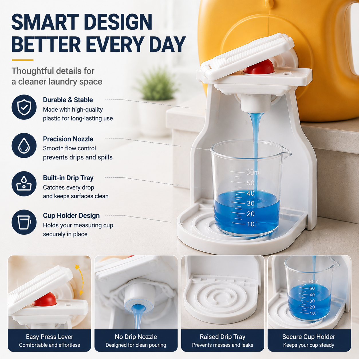🧺 No-Lift Laundry Detergent Holder – Easy Measuring Cup Stand for Cleaner & Mess-Free Dispensing