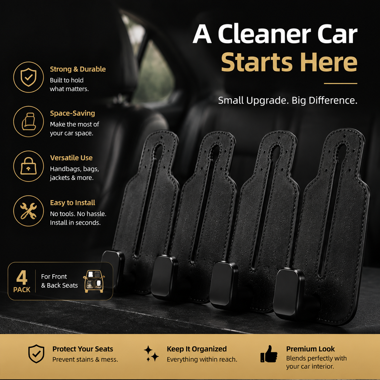 🚗 4-Pack Car Headrest Storage Hooks – Keep Bags Off the Floor