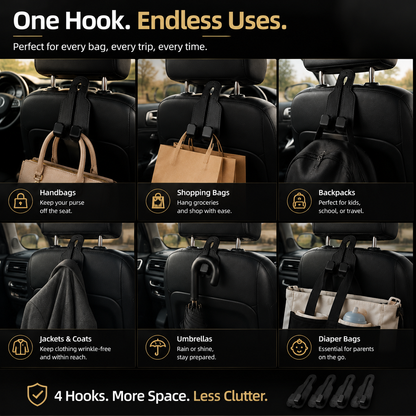 🚗 4-Pack Car Headrest Storage Hooks – Keep Bags Off the Floor