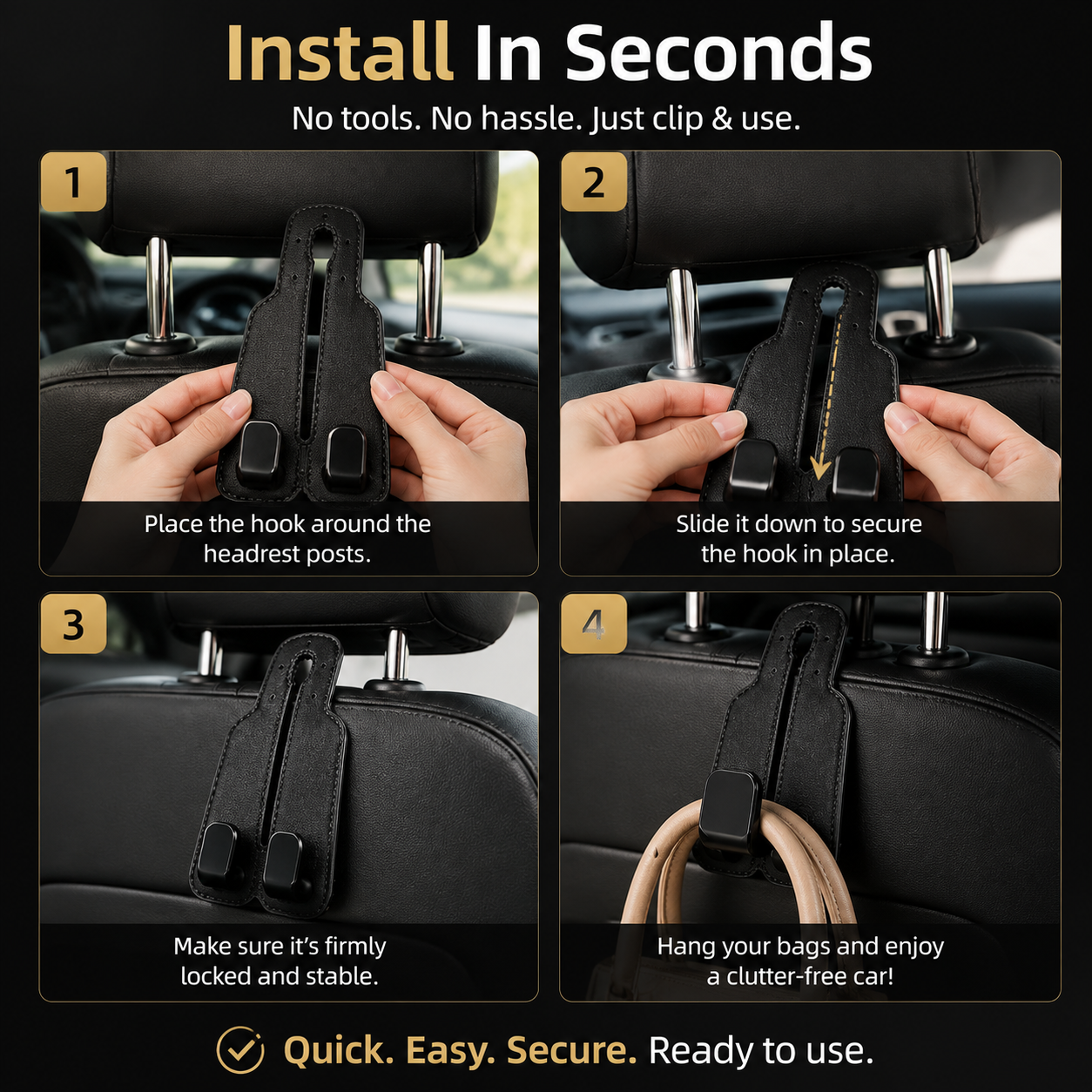 🚗 4-Pack Car Headrest Storage Hooks – Keep Bags Off the Floor