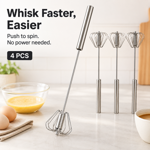 🍳 Hand Push Rotary Whisk - Stainless Steel Automatic Spinning Egg Beater Kitchen Tool