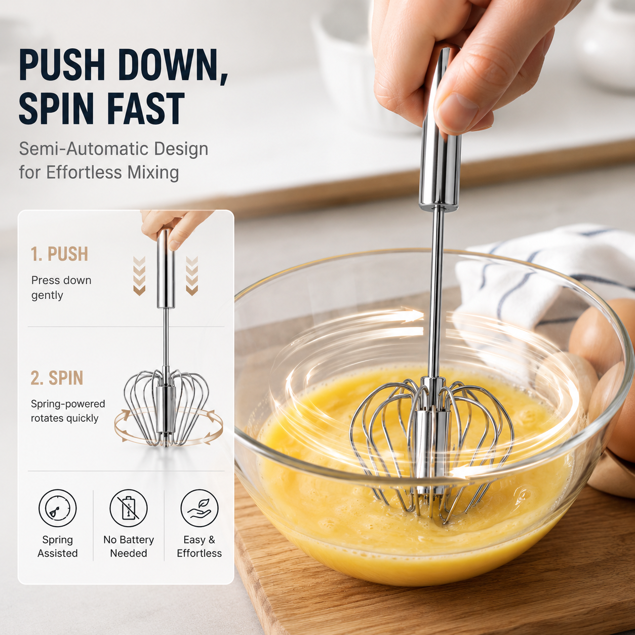 🍳 Hand Push Rotary Whisk - Stainless Steel Automatic Spinning Egg Beater Kitchen Tool