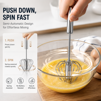 🍳 Hand Push Rotary Whisk - Stainless Steel Automatic Spinning Egg Beater Kitchen Tool
