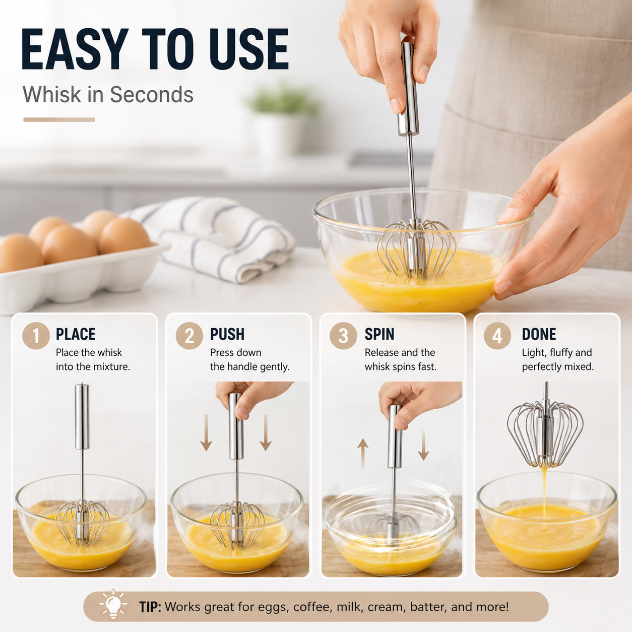 🍳 Hand Push Rotary Whisk - Stainless Steel Automatic Spinning Egg Beater Kitchen Tool