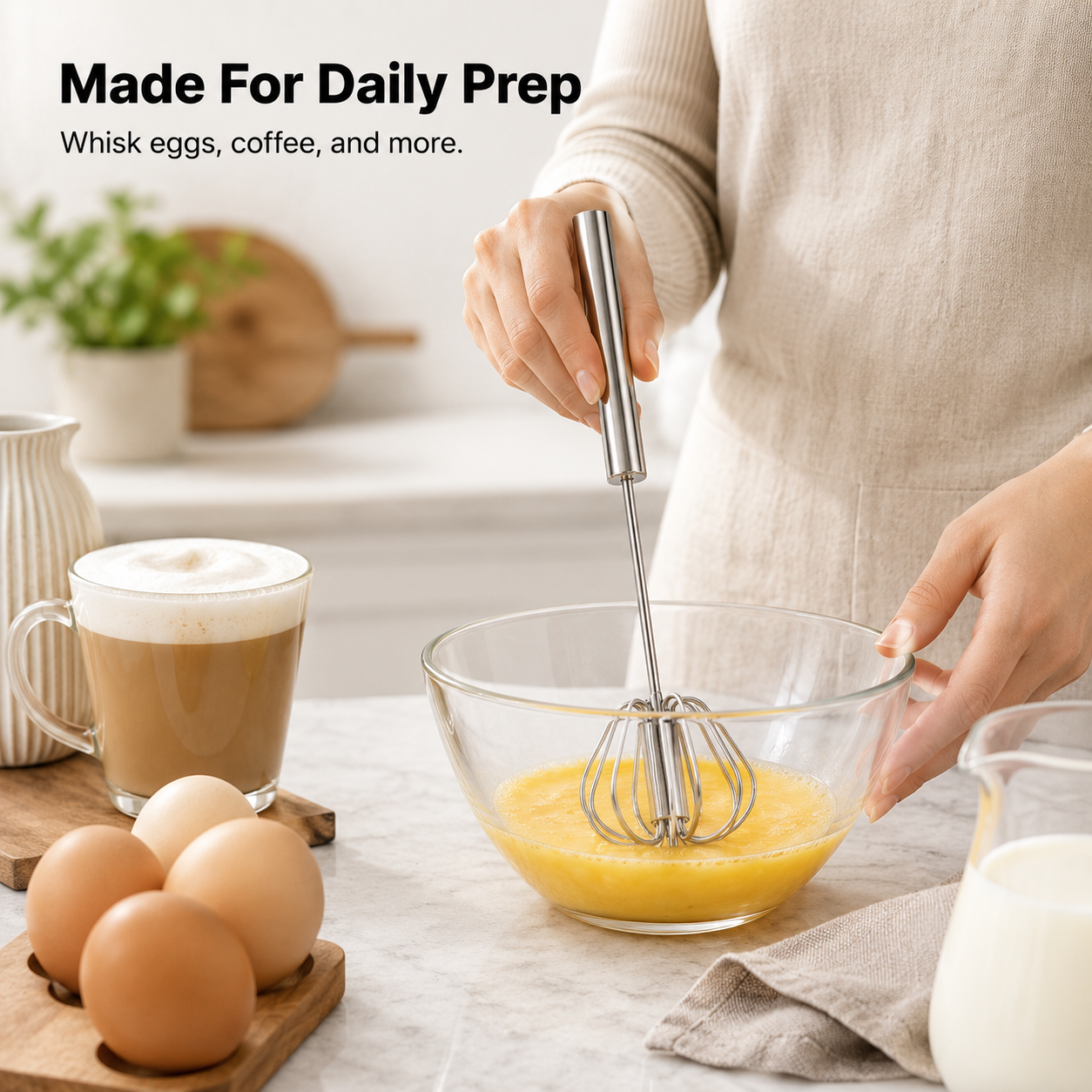 🍳 Hand Push Rotary Whisk - Stainless Steel Automatic Spinning Egg Beater Kitchen Tool