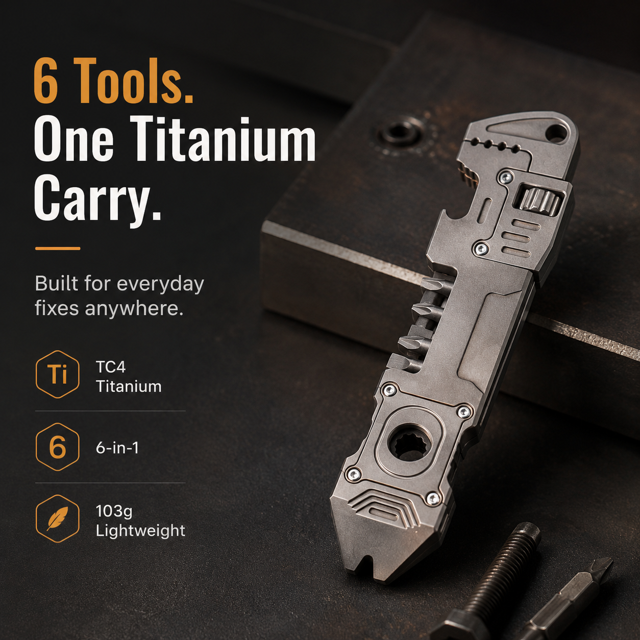 🔧 6-in-1 TC4 Titanium EDC Multi-Tool – Wrench, Ratchet Driver & Pry Bar