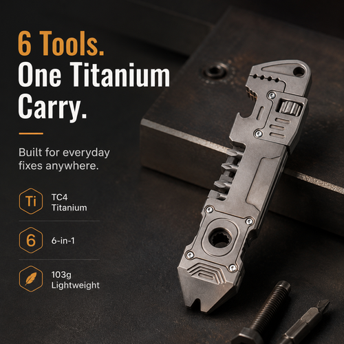 🔧 6-in-1 TC4 Titanium EDC Multi-Tool – Wrench, Ratchet Driver & Pry Bar