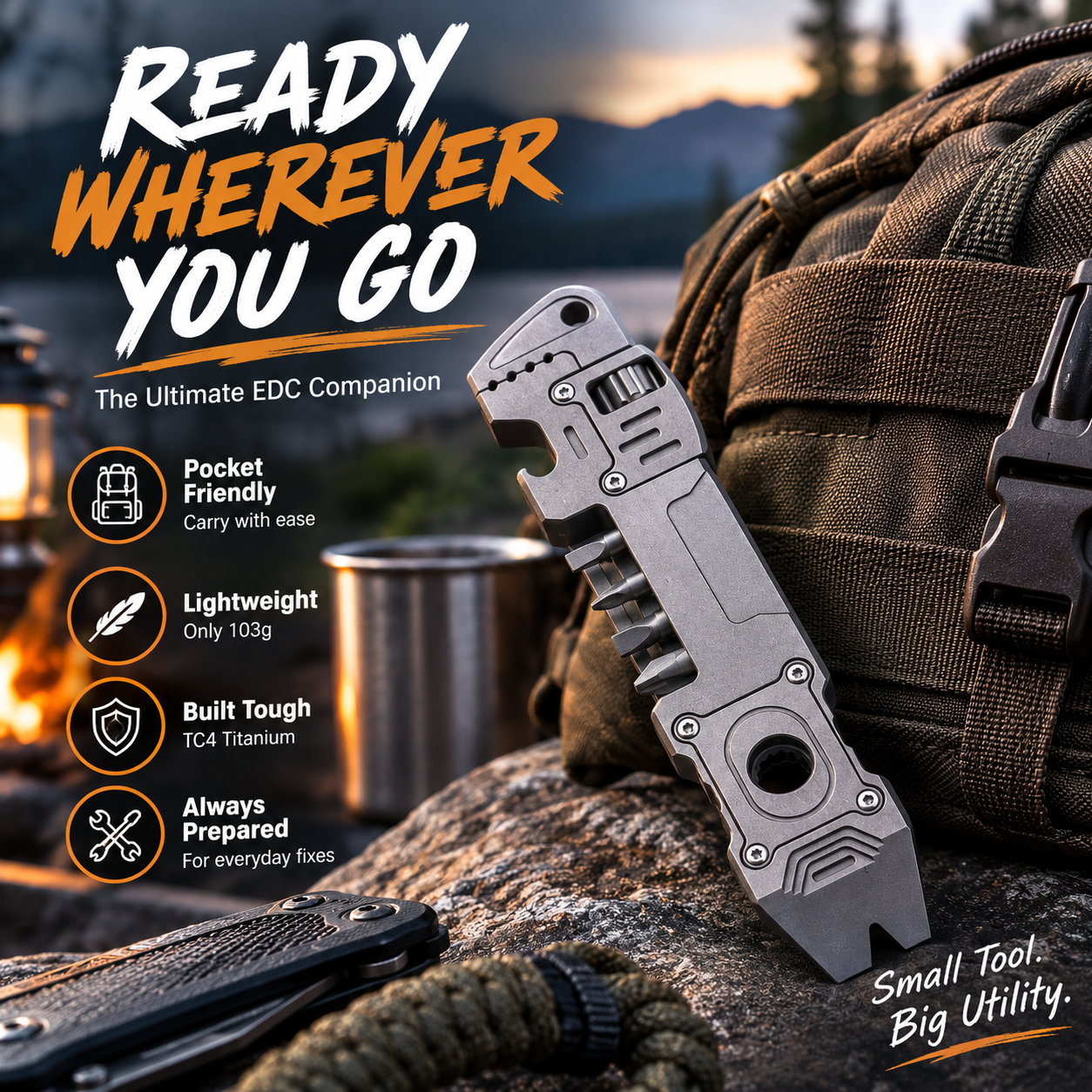 🔧 6-in-1 TC4 Titanium EDC Multi-Tool – Wrench, Ratchet Driver & Pry Bar