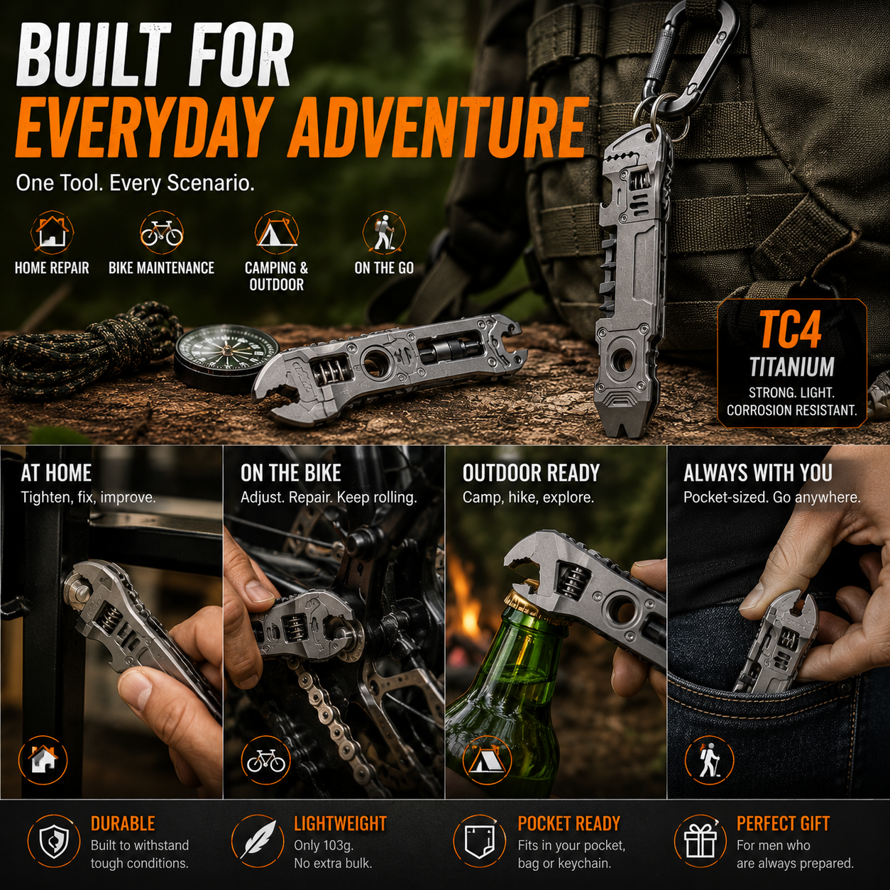 🔧 6-in-1 TC4 Titanium EDC Multi-Tool – Wrench, Ratchet Driver & Pry Bar