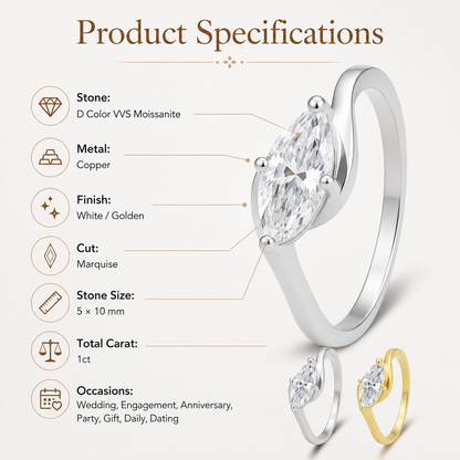 💍 1ct Marquise Moissanite Ring – Silver-Plated Solitaire Gift