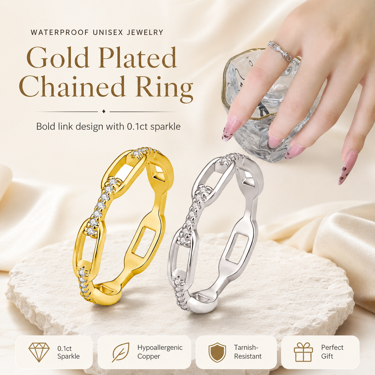 ✨ Silver & Gold Chain Ring – Waterproof Hip Hop Unisex Jewelry