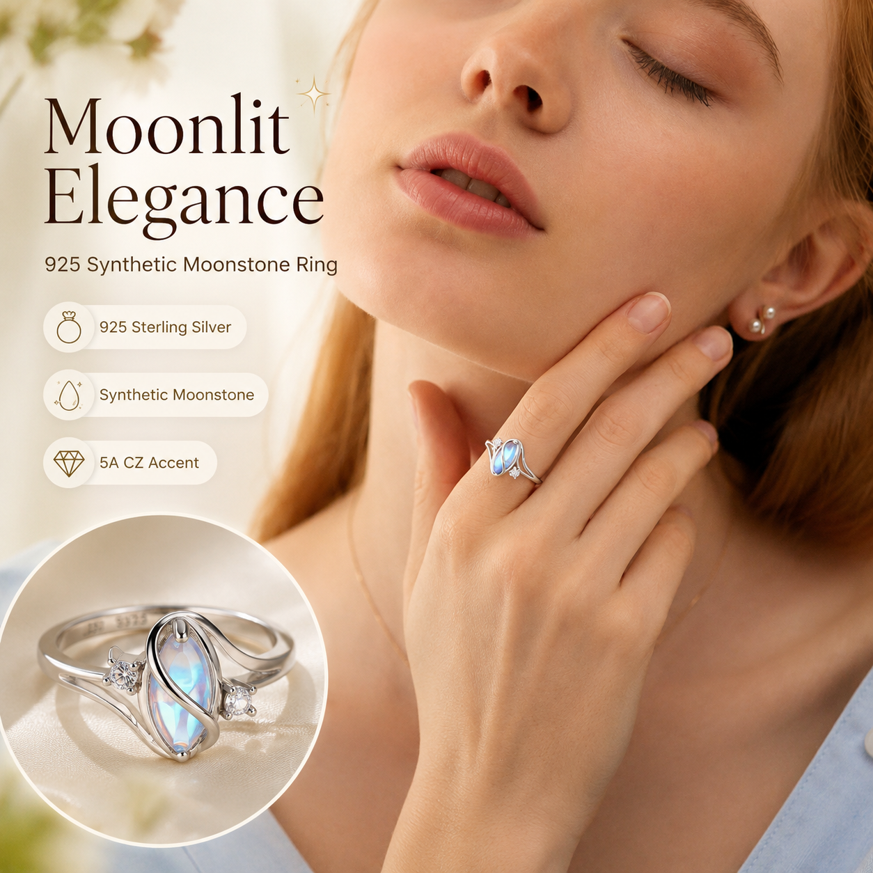 💎 Rainbow Moonstone Ring – 5A CZ Accent, Elegant Gift for Her 🌈✨
