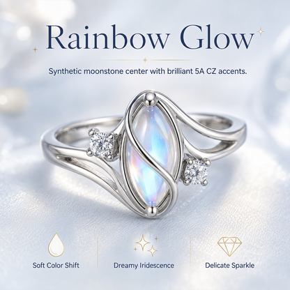 💎 Rainbow Moonstone Ring – 5A CZ Accent, Elegant Gift for Her 🌈✨