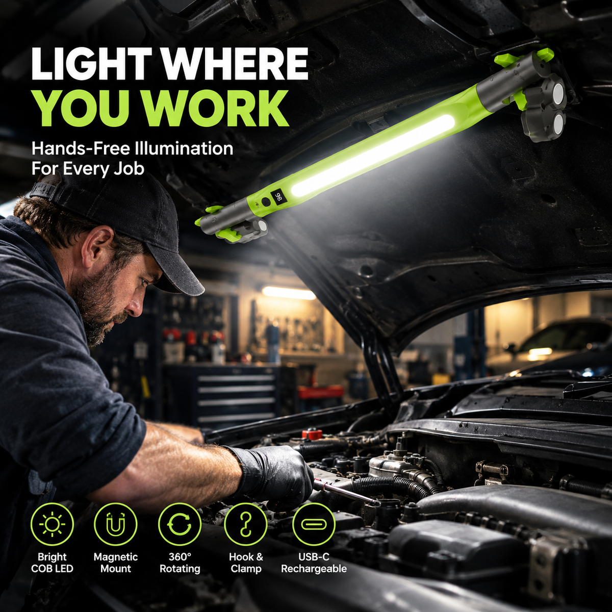 🔦 Rechargeable COB LED Work Light | Magnetic 360° Garage Repair Lamp
