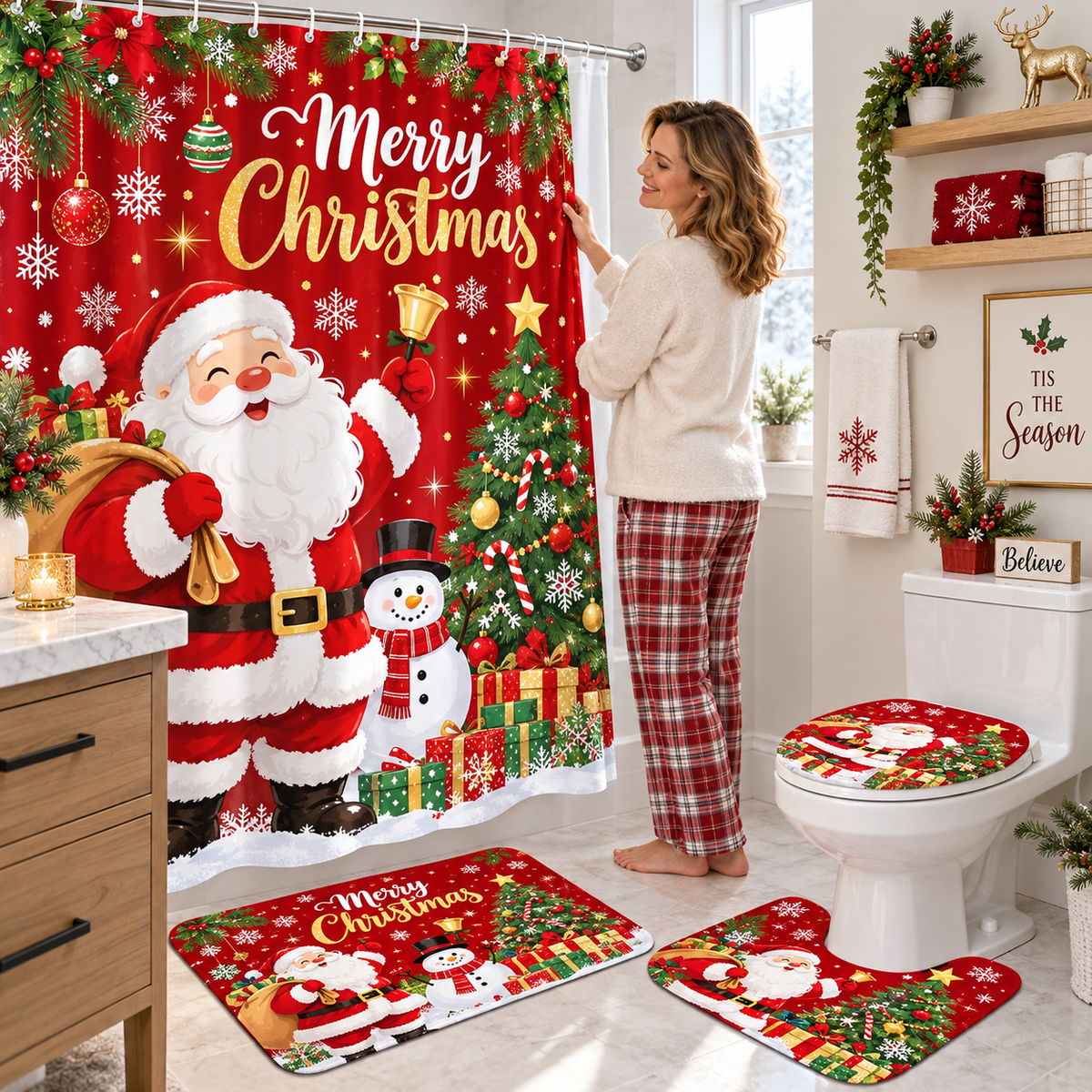 🎄🛁 Christmas Bathroom Makeover Set – 4 Matching Pieces for Instant Holiday Cheer