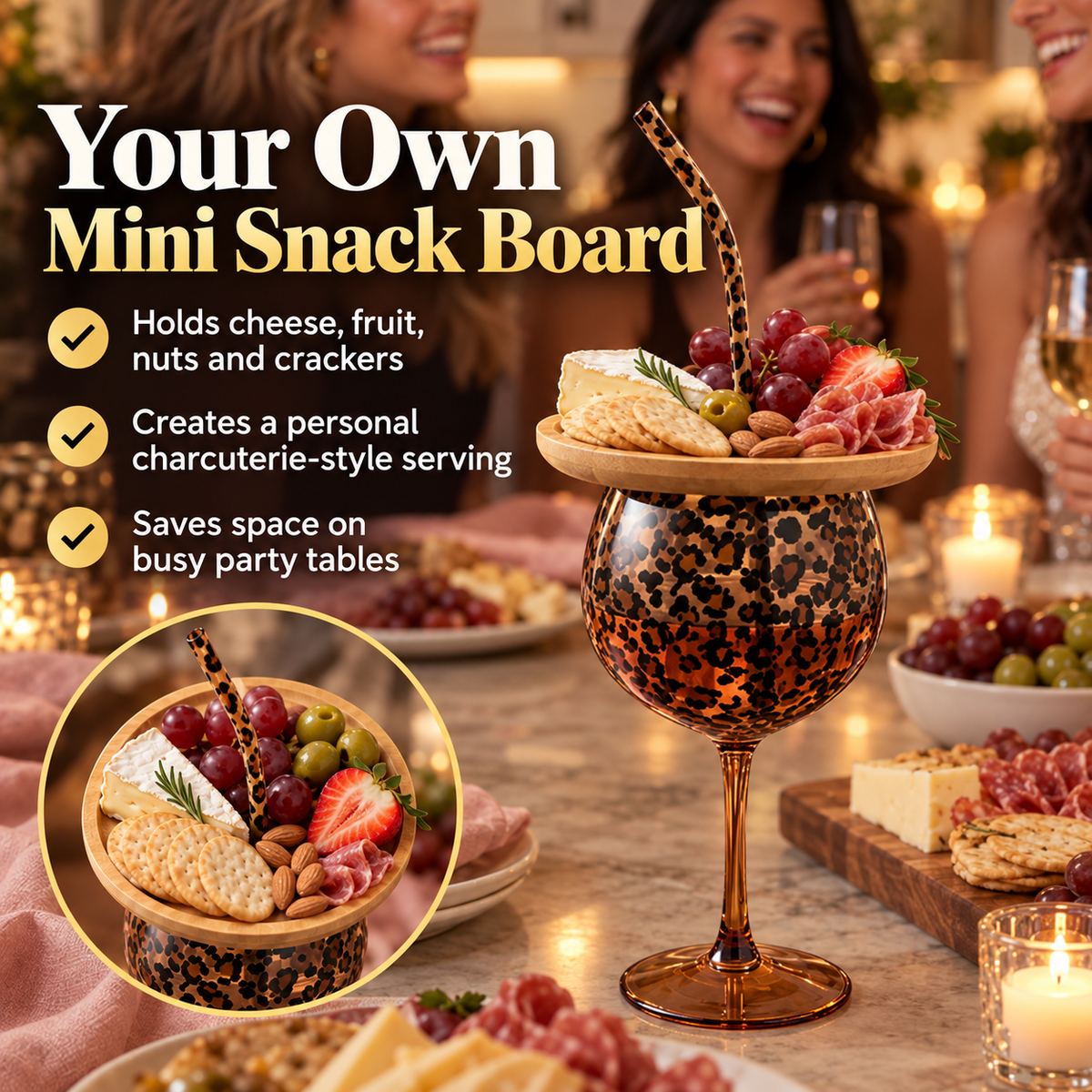 🍷 2-in-1 Wine Glass & Charcuterie Board Set! 🐆 Leopard Print Glass with Bamboo Snack Lid & Straw 🧀