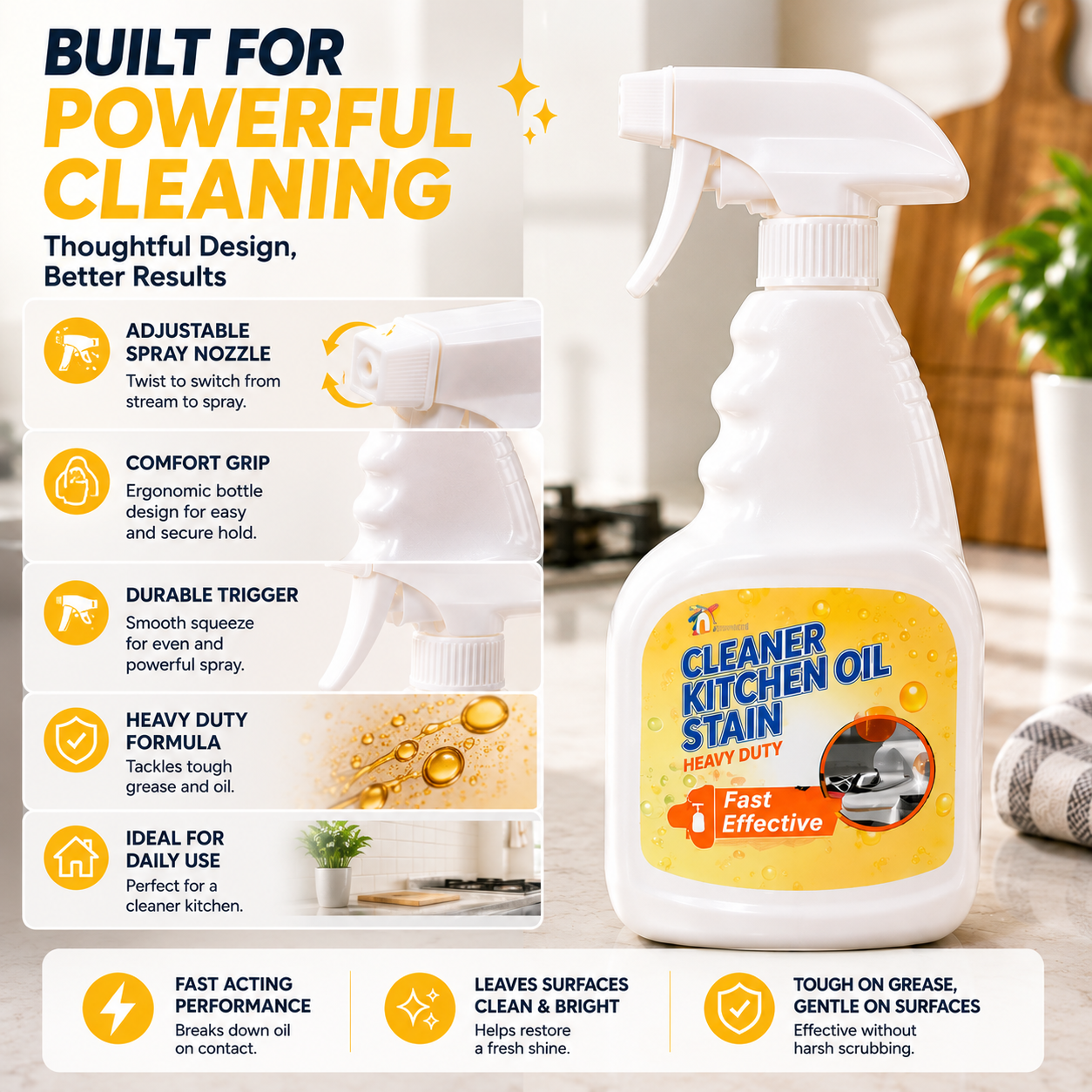 Kitchen Grease Cleaner Spray | Fast Oil Stain Remover for Stovetop & Kitchen Surfaces