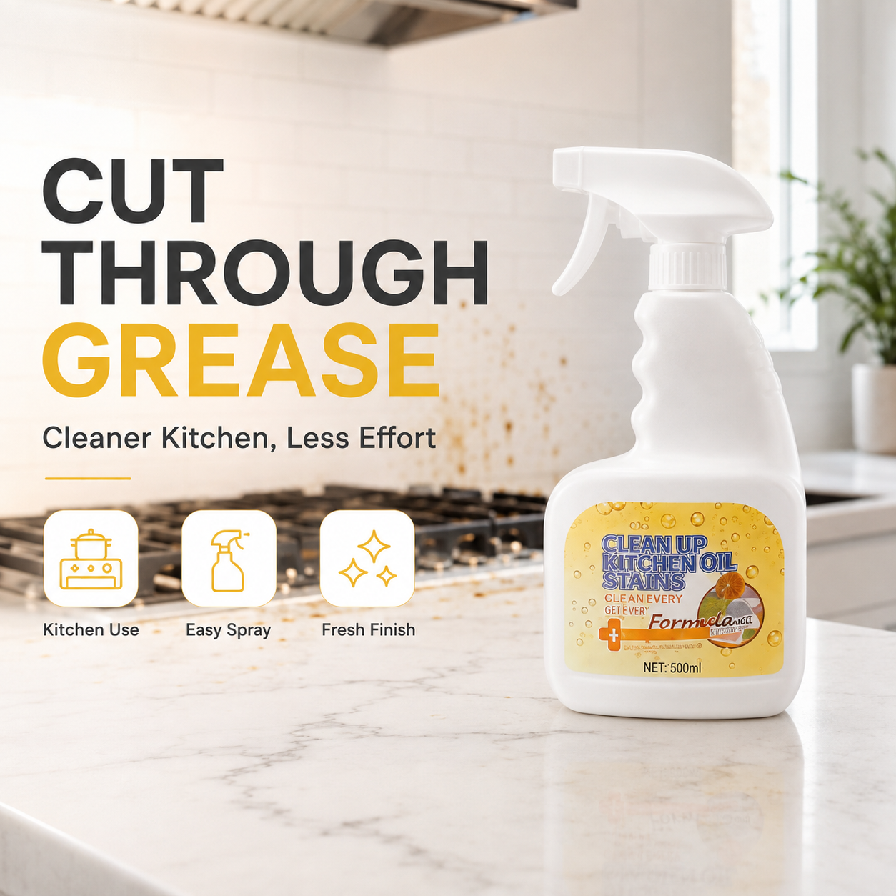 Kitchen Grease Cleaner Spray | Fast Oil Stain Remover for Stovetop & Kitchen Surfaces
