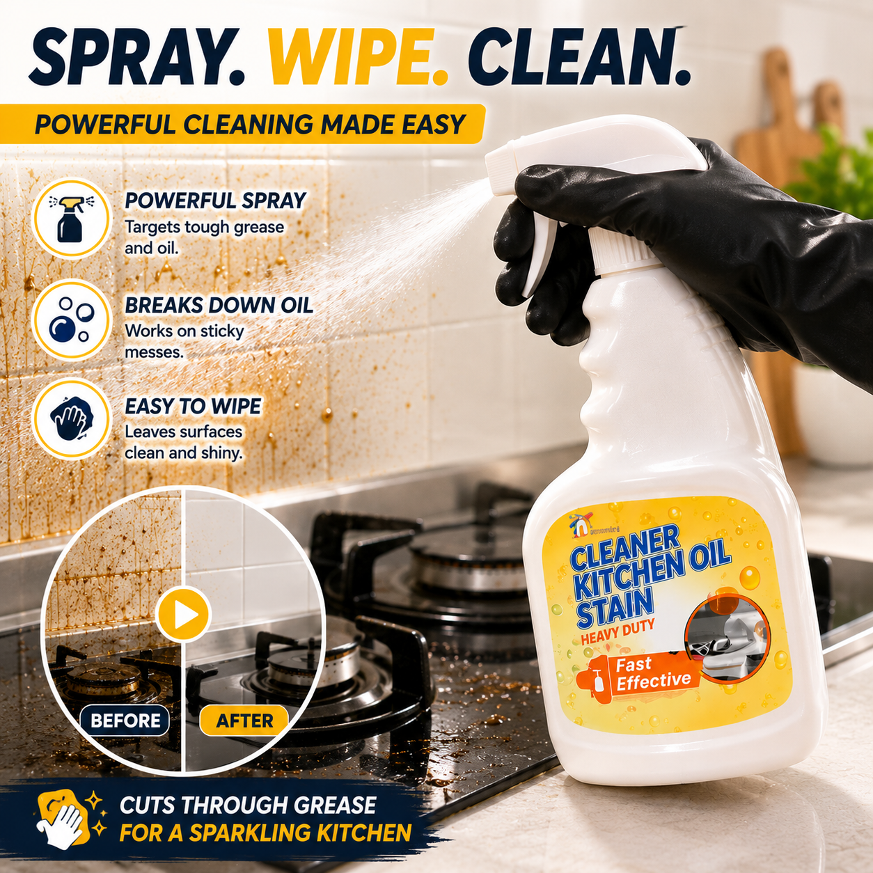 Kitchen Grease Cleaner Spray | Fast Oil Stain Remover for Stovetop & Kitchen Surfaces