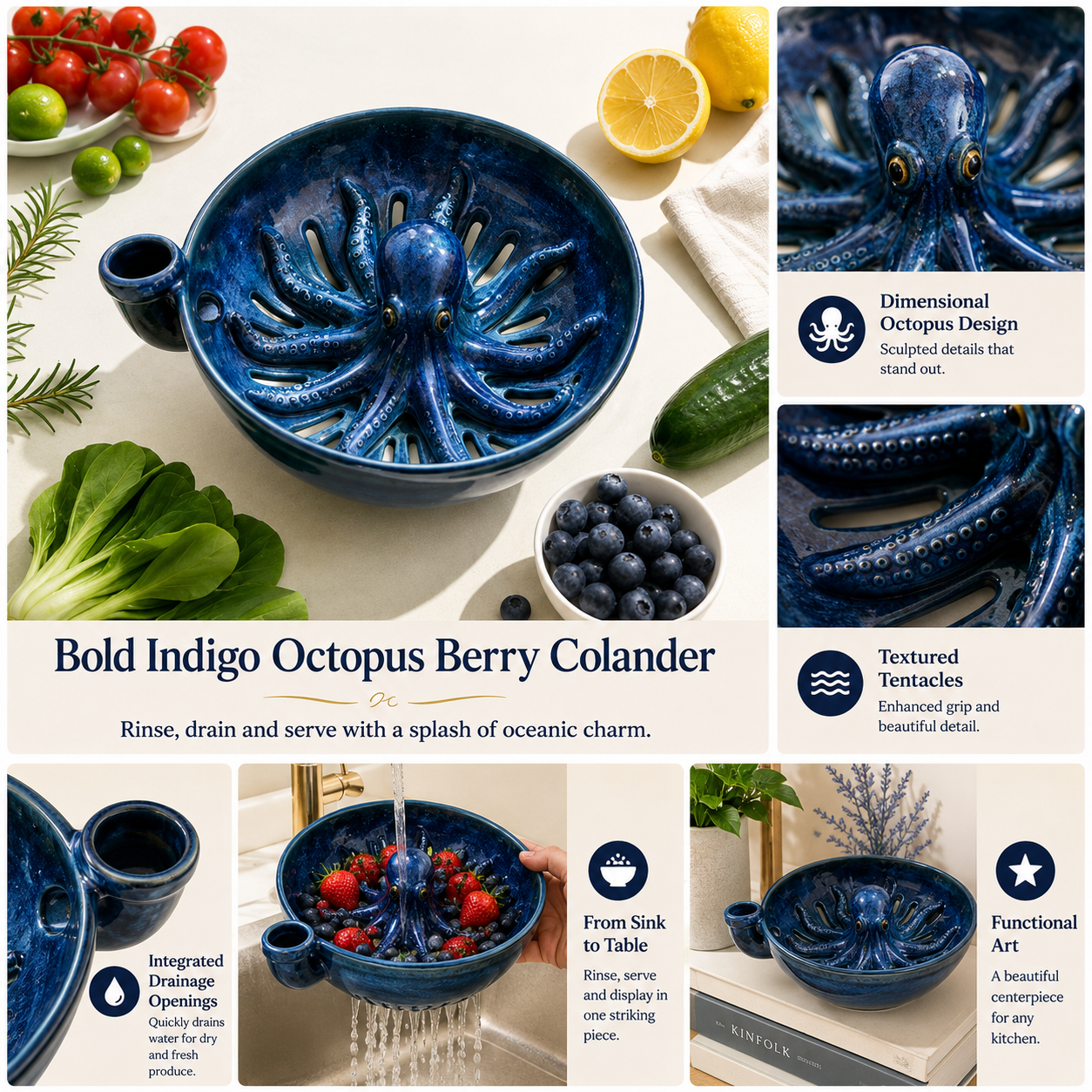 🐙🌊Bold Indigo Octopus Berry Colander