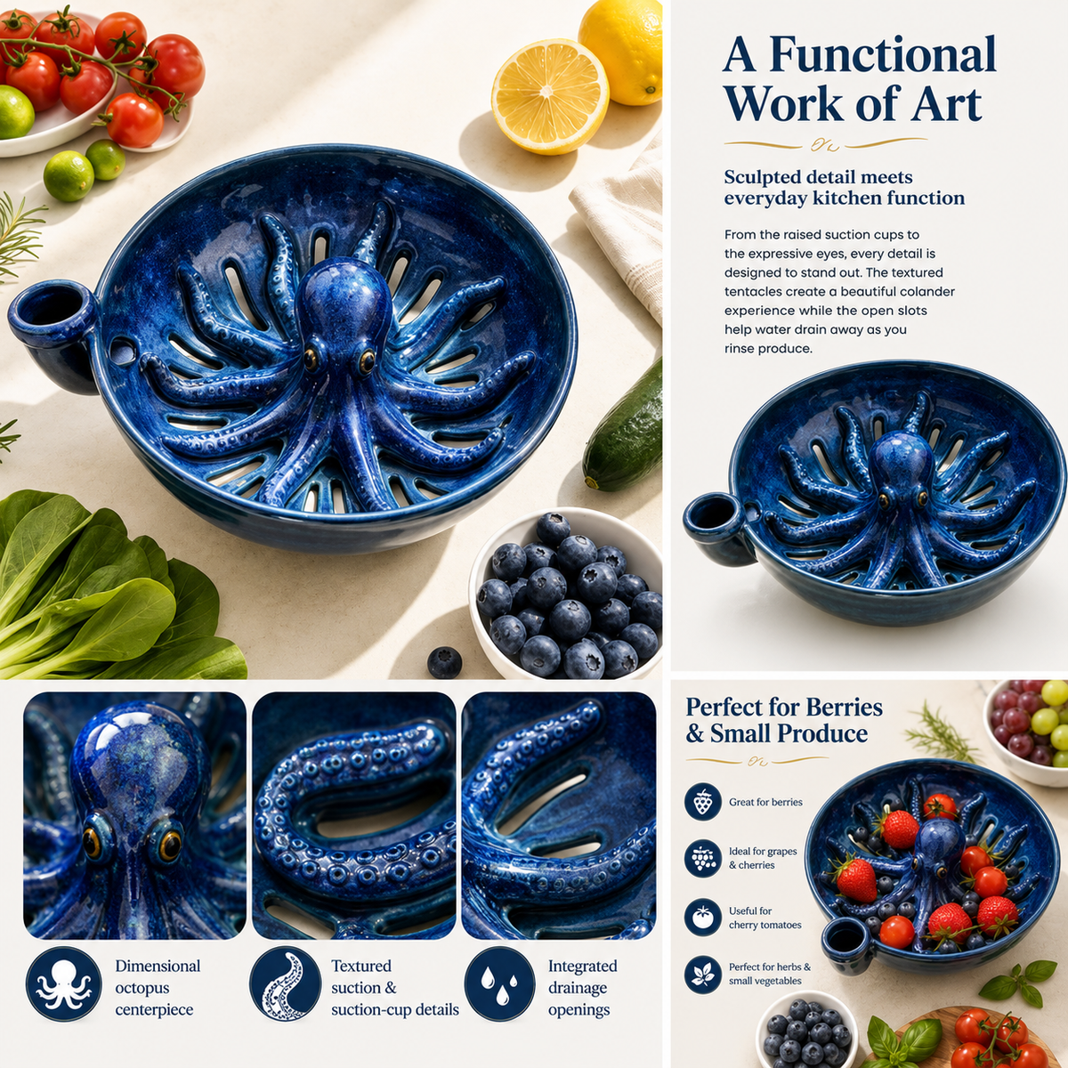 Octopus colander integrated drainage openings