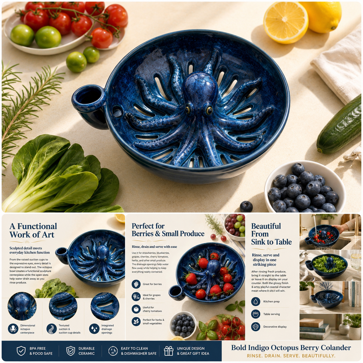 Indigo octopus berry bowl details