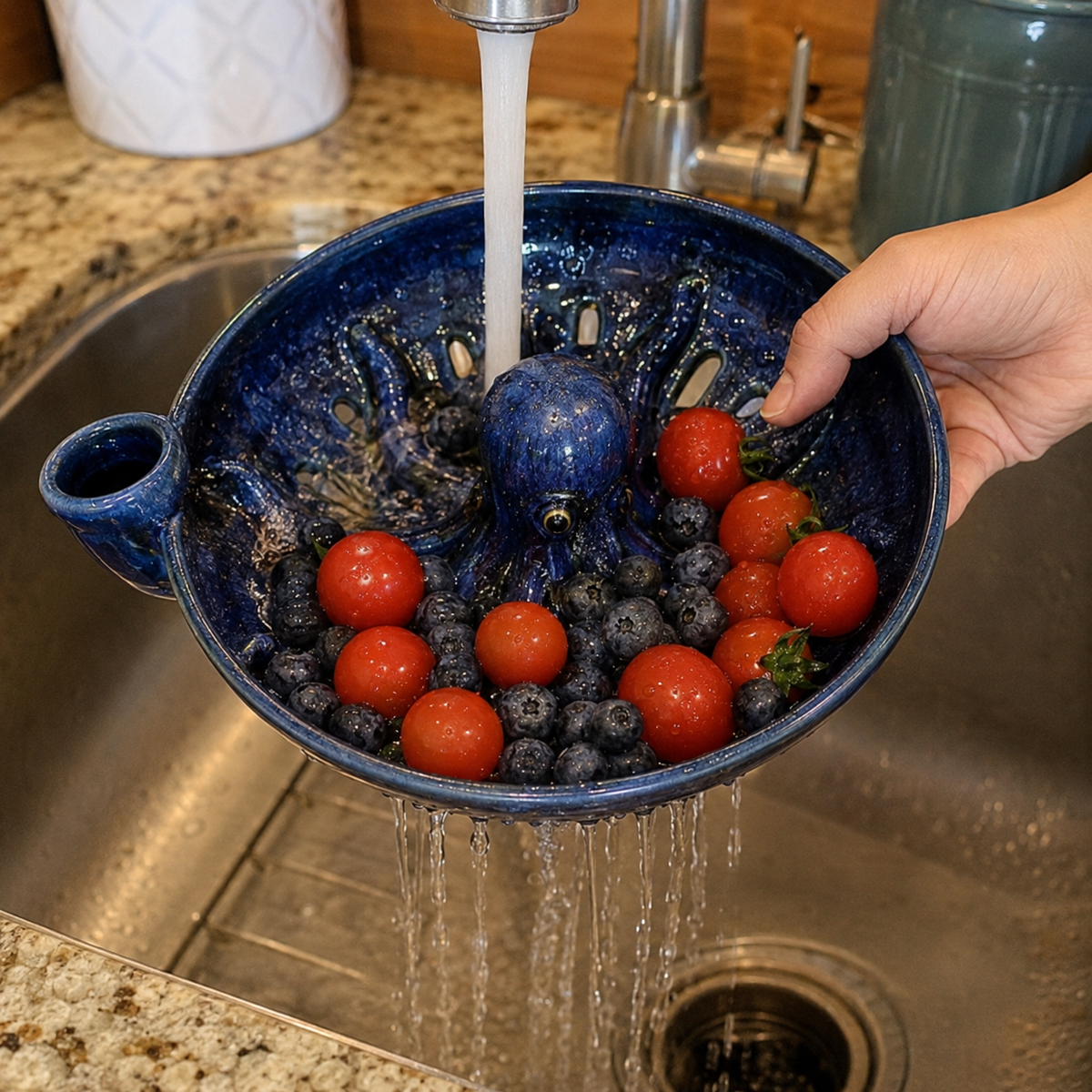 Rinsing berries in octopus berry colander