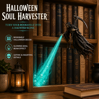 💀 Halloween Soul Harvester™ – Glowing Grim Reaper Bookshelf Decor