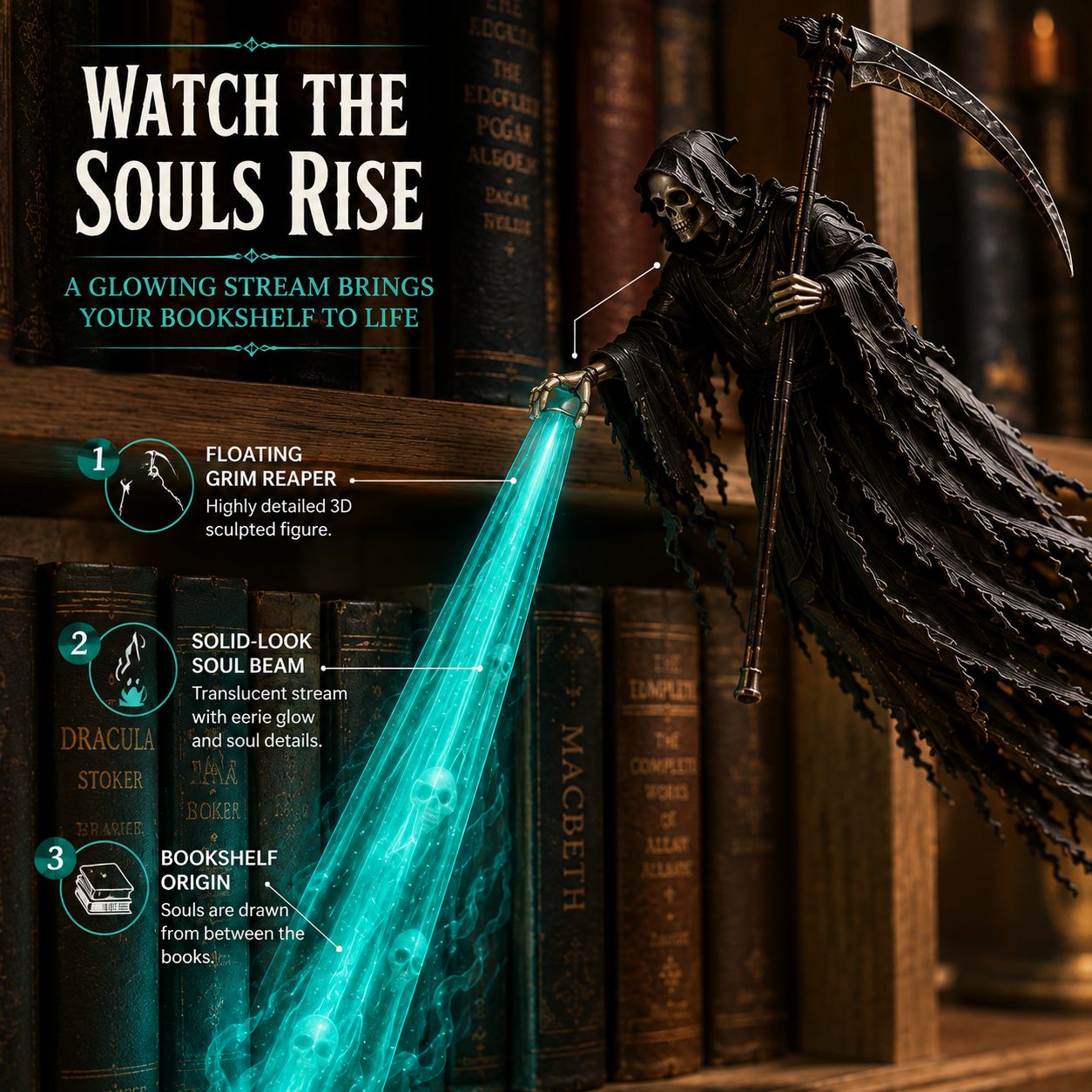 💀 Halloween Soul Harvester™ – Glowing Grim Reaper Bookshelf Decor