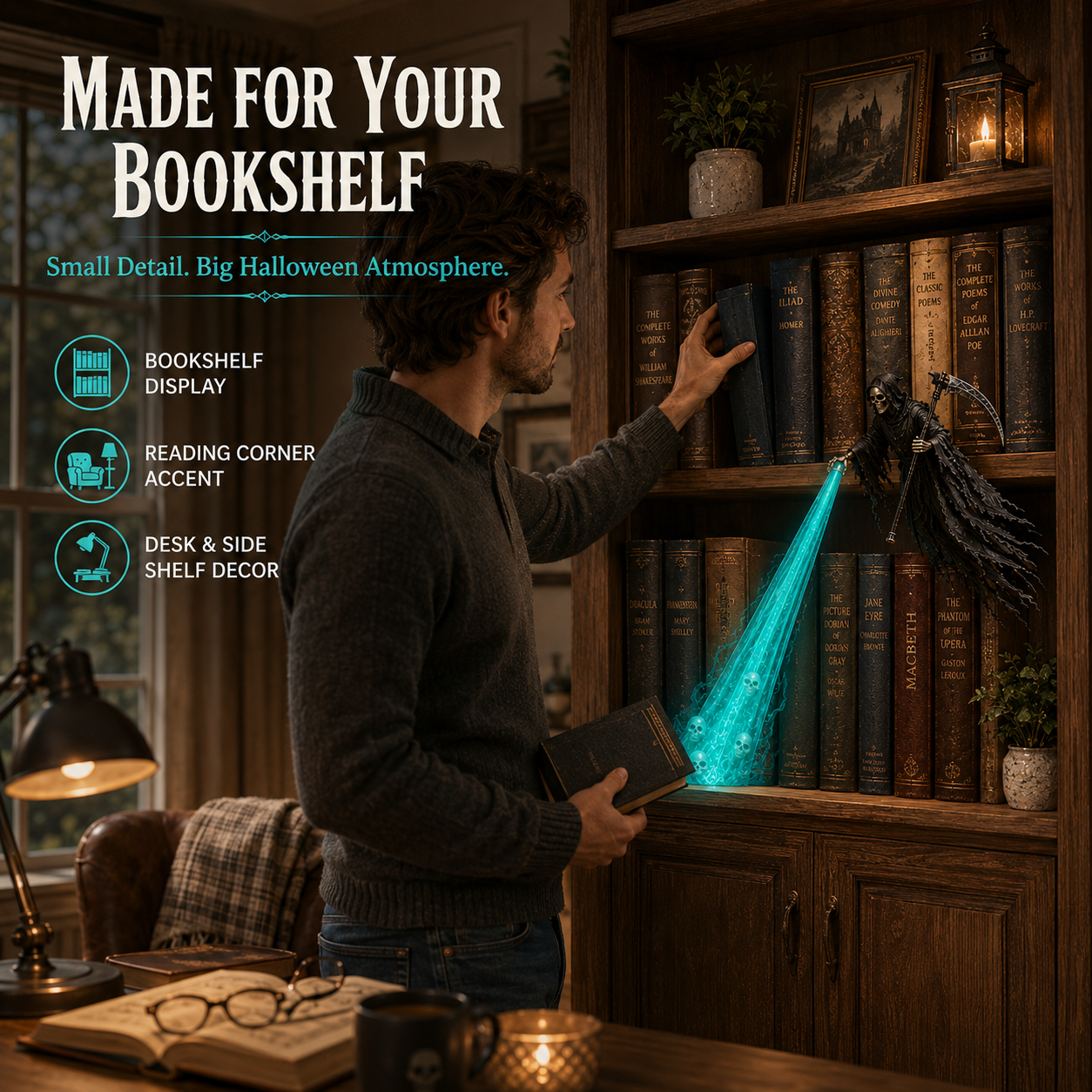 💀 Halloween Soul Harvester™ – Glowing Grim Reaper Bookshelf Decor