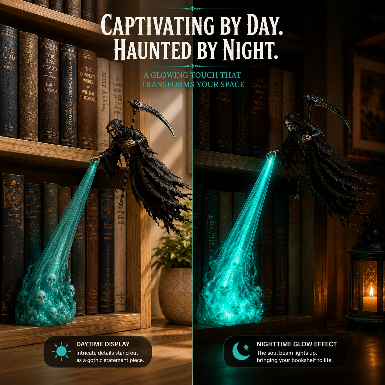 💀 Halloween Soul Harvester™ – Glowing Grim Reaper Bookshelf Decor