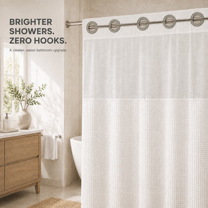 🚿 Hookless Waffle Shower Curtain with Sheer Mesh Window – 6 Colors & 3 Sizes