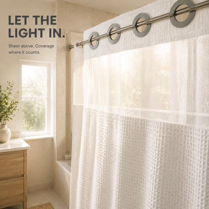 🚿 Hookless Waffle Shower Curtain with Sheer Mesh Window – 6 Colors & 3 Sizes