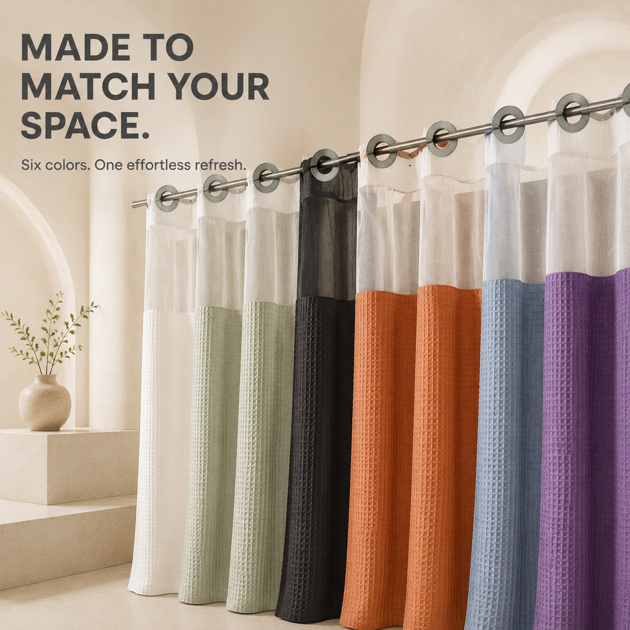 🚿 Hookless Waffle Shower Curtain with Sheer Mesh Window – 6 Colors & 3 Sizes