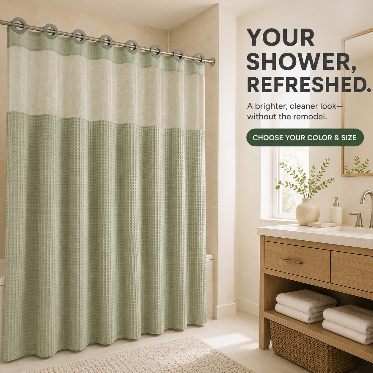 🚿 Hookless Waffle Shower Curtain with Sheer Mesh Window – 6 Colors & 3 Sizes