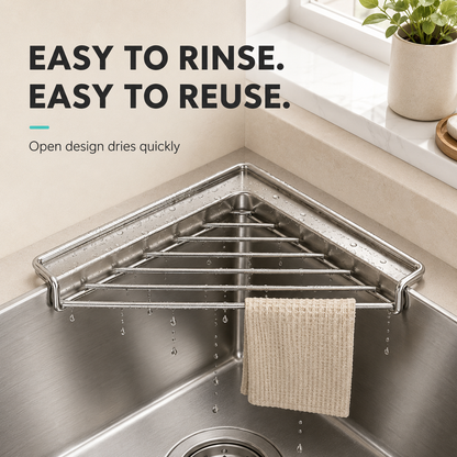 🔥 Limited-Time Deal🧽 Stainless Steel Corner Sink Shelf – Triangular Drainage Rack for Sponge, Cloth & Brush Storage