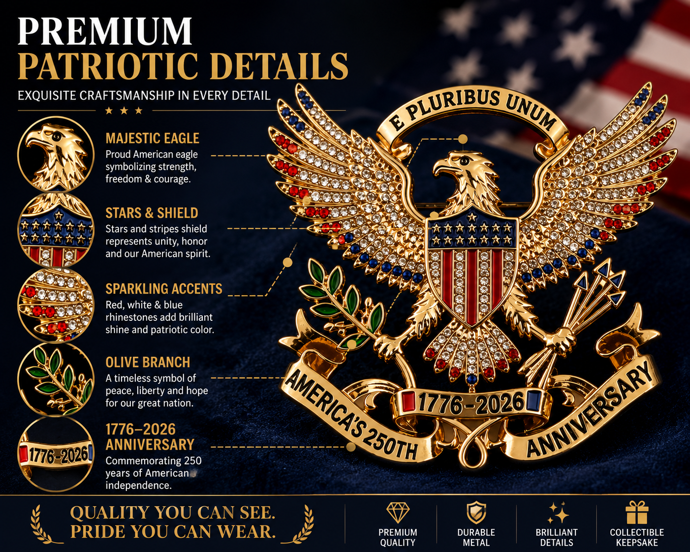 USA 250th Anniversary Eagle Pin – 1776–2026 Patriotic Collectible Keepsake
