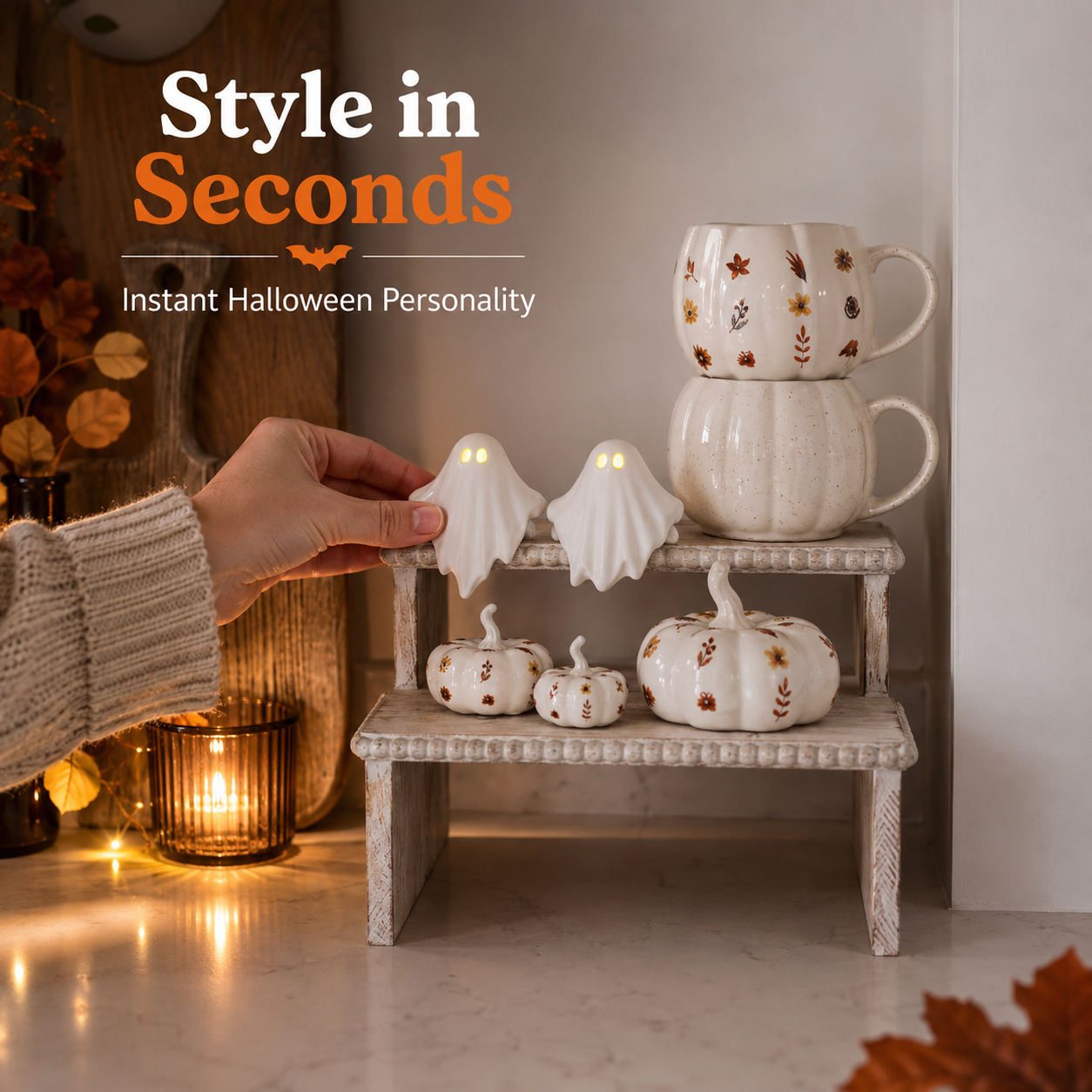 👻Set of 2 Shelf Sitting LED Ghosts | Halloween Decor