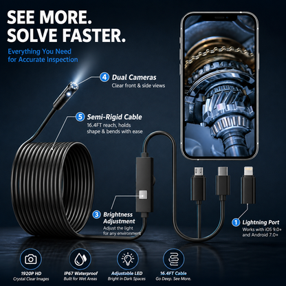 Endoscope Camera with Light,1920P HD Borescope Tools with 8 Adjustable LED Lights